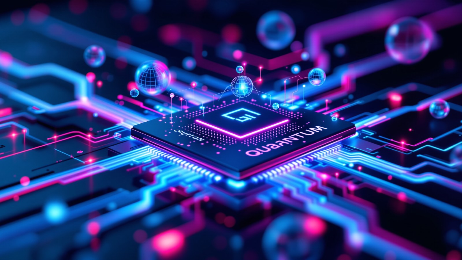 A quantum processor chip glowing